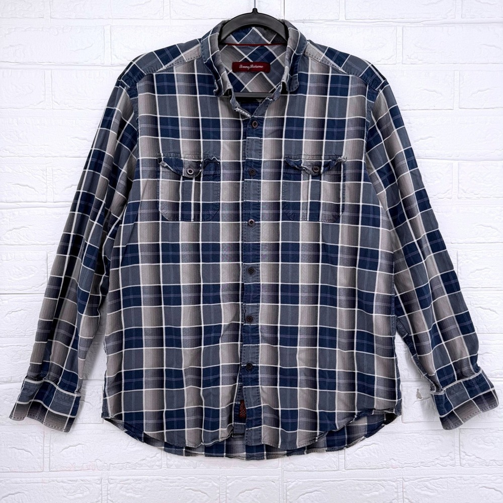 Tommy Bahama Button Down Shirt Mens Medium Blue Plaid Silk Long Sleeve Pocket